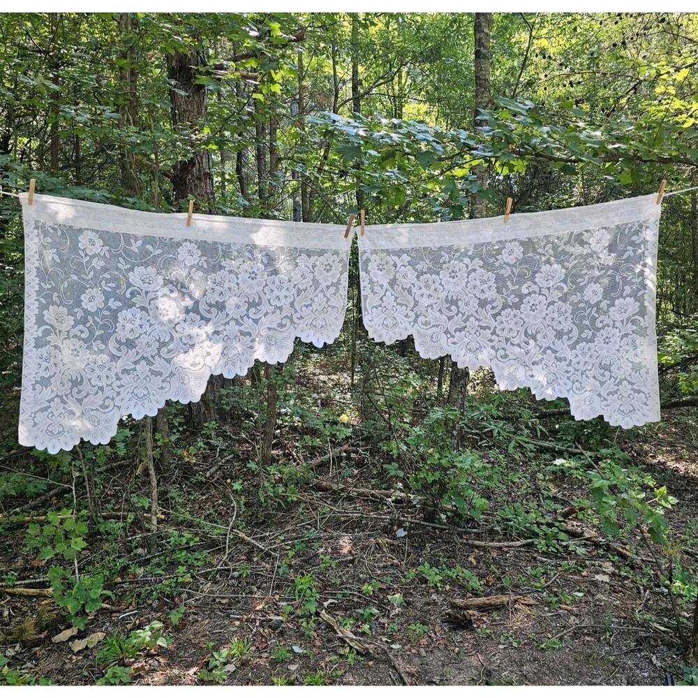 Vintage 1980s JCPenney Ivory Floral Lace Swag Window Valance Curtains – Pair